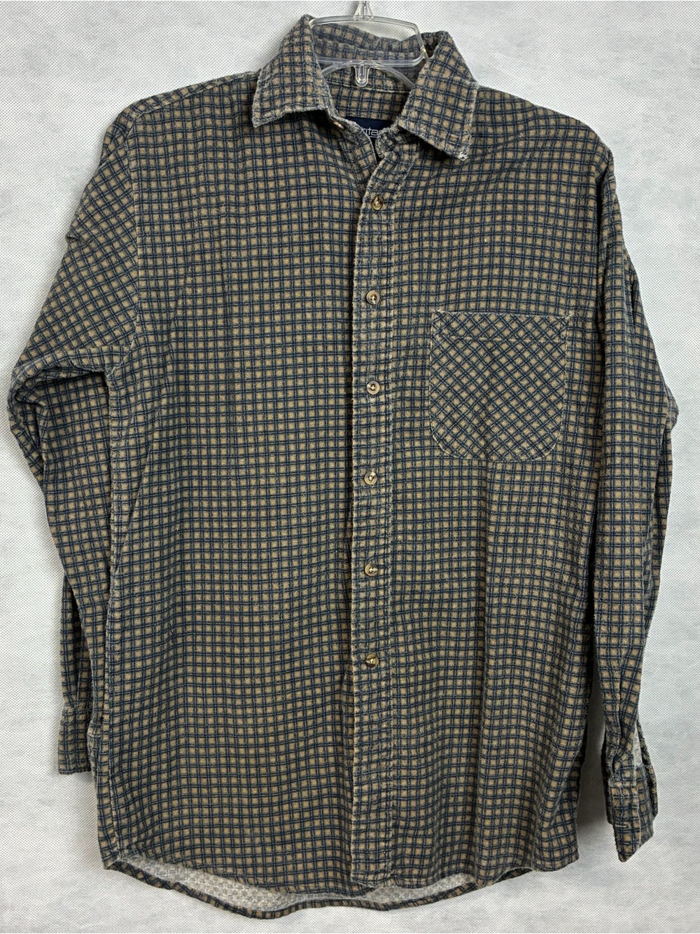 VTG Y2k Puritan Flannel Shirt Men Small Blue Beige Button Up Long Sleeve Flaw